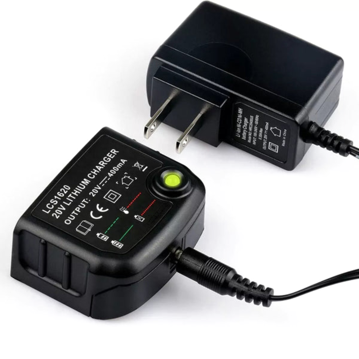 TecHorn 20V Lithium Battery Charger – compact wall plug charger with LED indicator light for TecHorns handheld train horns and 20V lithium battery packs