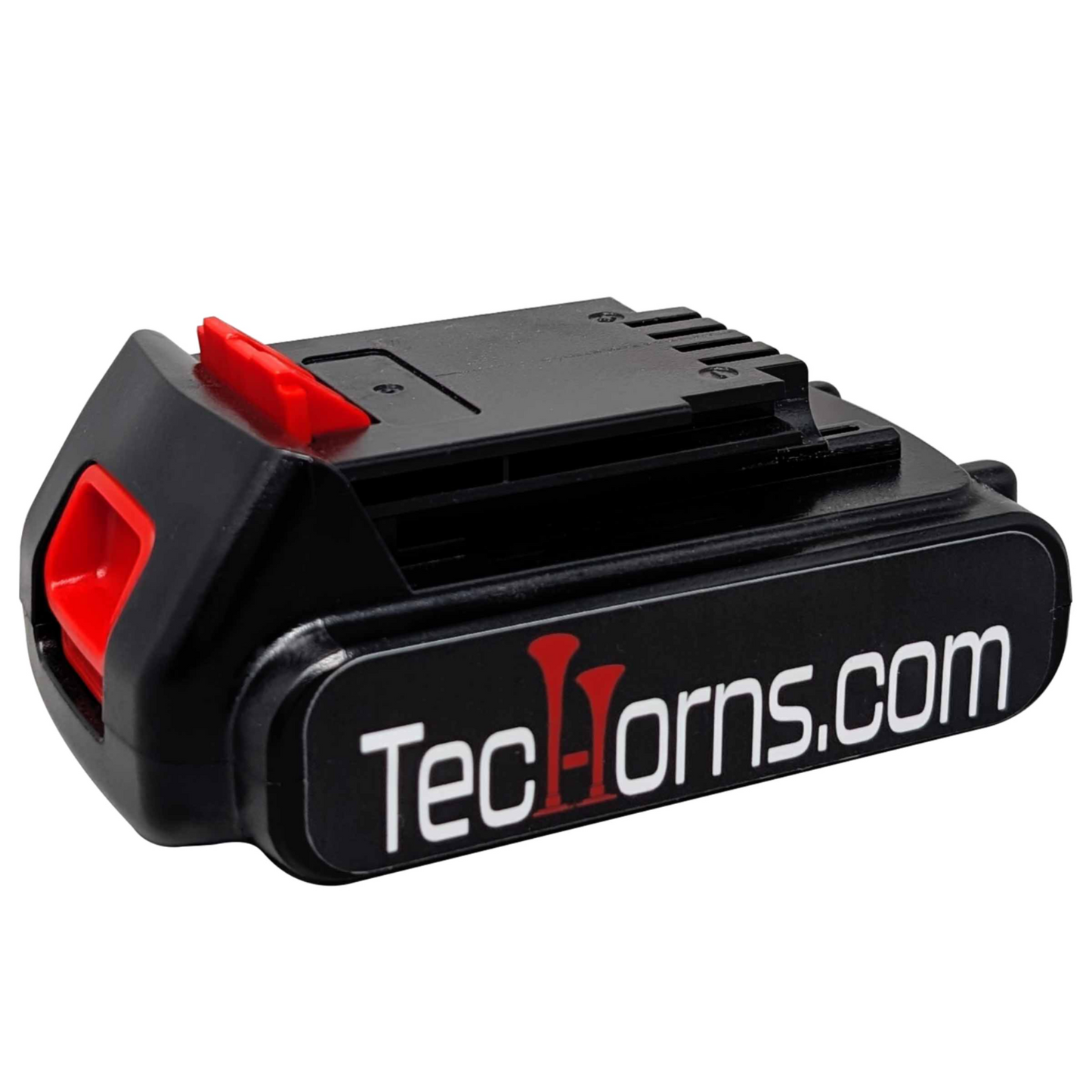 TecHorn 20V Lithium Battery – rechargeable battery pack with red release clips and TecHorns.com logo, compatible with all TecHorns handheld train horns