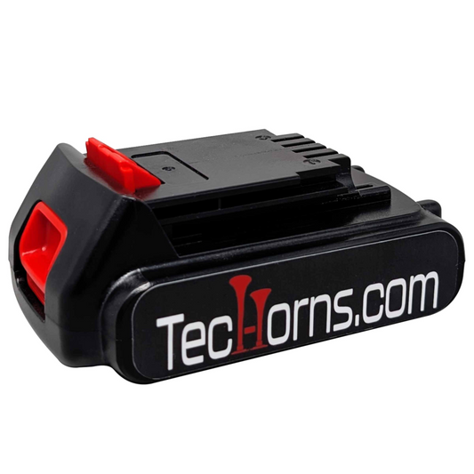 TecHorn 20V Lithium Battery – rechargeable battery pack with red release clips and TecHorns.com logo, compatible with all TecHorns handheld train horns