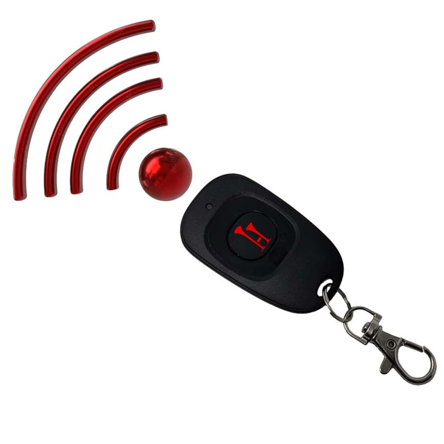 TecHorn Wireless Remote Control – compact key fob remote with red horn logo and signal graphic, designed to activate TecHorn handheld train horns from up to 160 feet away