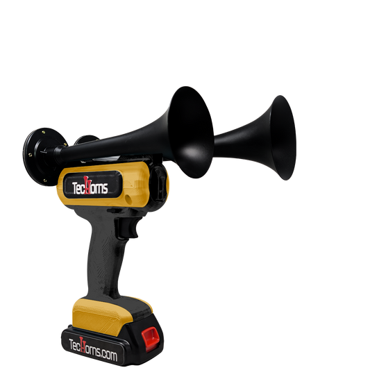 TecHorns Black and Gold 2-Horn – dual color handheld train horn, 130 dB loud with 20V lithium battery and charger included