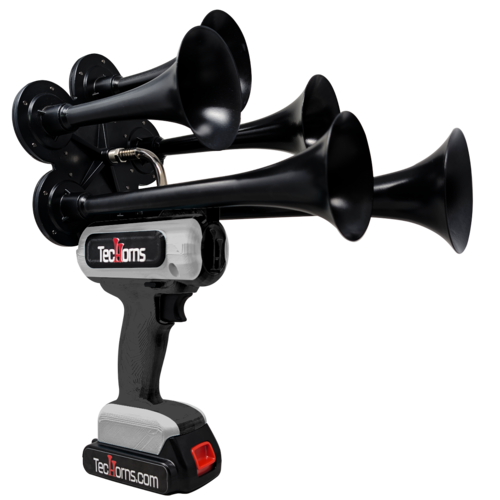 TecHorns Black and Silver 5-Horn – dual color handheld train horn, 130 dB deep-tone with 20 V lithium battery and charger