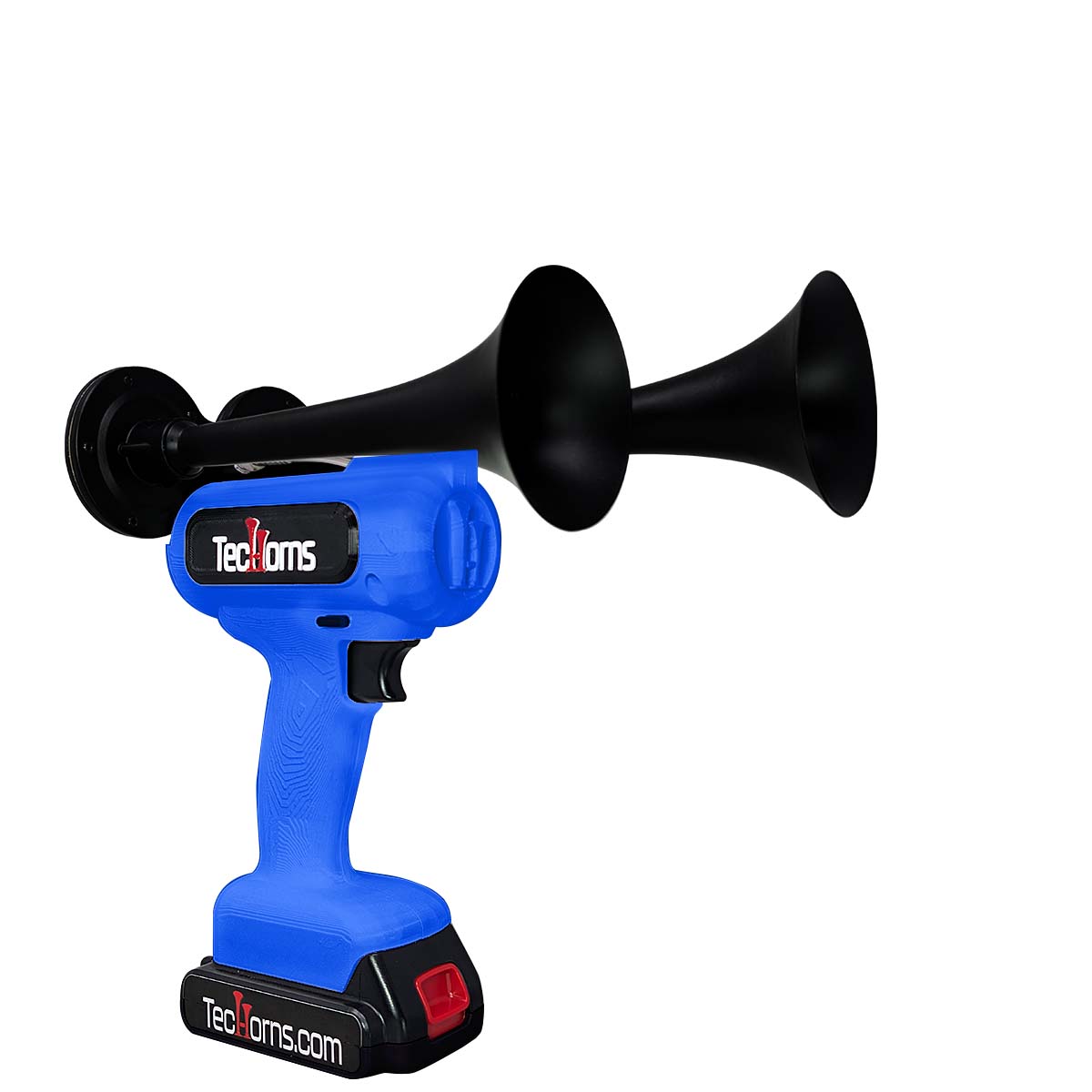 TecHorns Blue 2-Horn – custom single color handheld train horn, 20V lithium battery powered