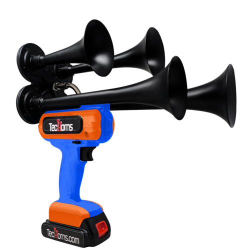 TecHorns Blue and Orange 4-Horn – dual color handheld train horn, 130 dB loud with 20V lithium battery and charger included