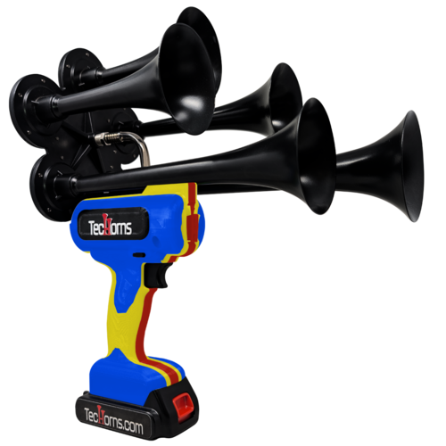 TecHorns Blue, Yellow, and Red 5-Horn – triple color handheld train horn, 130 dB loud with 20 V lithium battery and charger