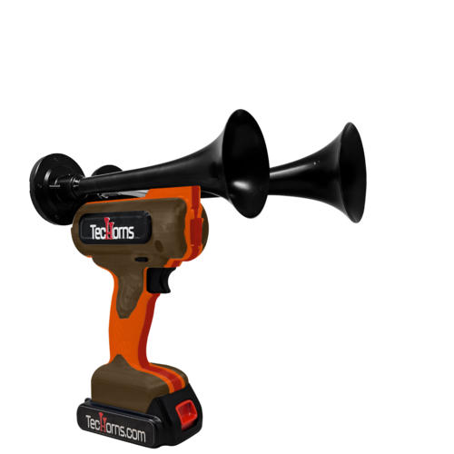 TecHorns Brown, Orange, and Red 2-Horn – triple color handheld train horn, 130 dB powerful tone with 20 V lithium battery powered system