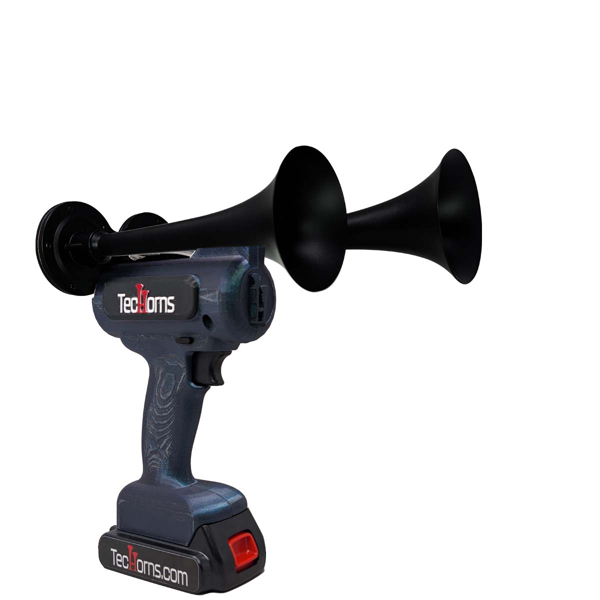 TecHorns Burnt Titanium 2-Horn – compact 130 dB handheld train horn with 20 V lithium battery and charger, featuring black trumpets and a titanium heat-fade body with a custom metallic finish