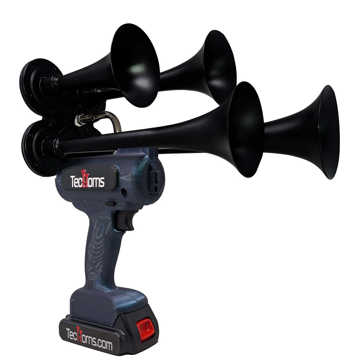 TecHorns Burnt Titanium 4-Horn – 130 dB handheld train horn with 20 V lithium battery and charger, featuring black trumpets and a titanium-inspired heat-fade body finish for a custom high-performance look