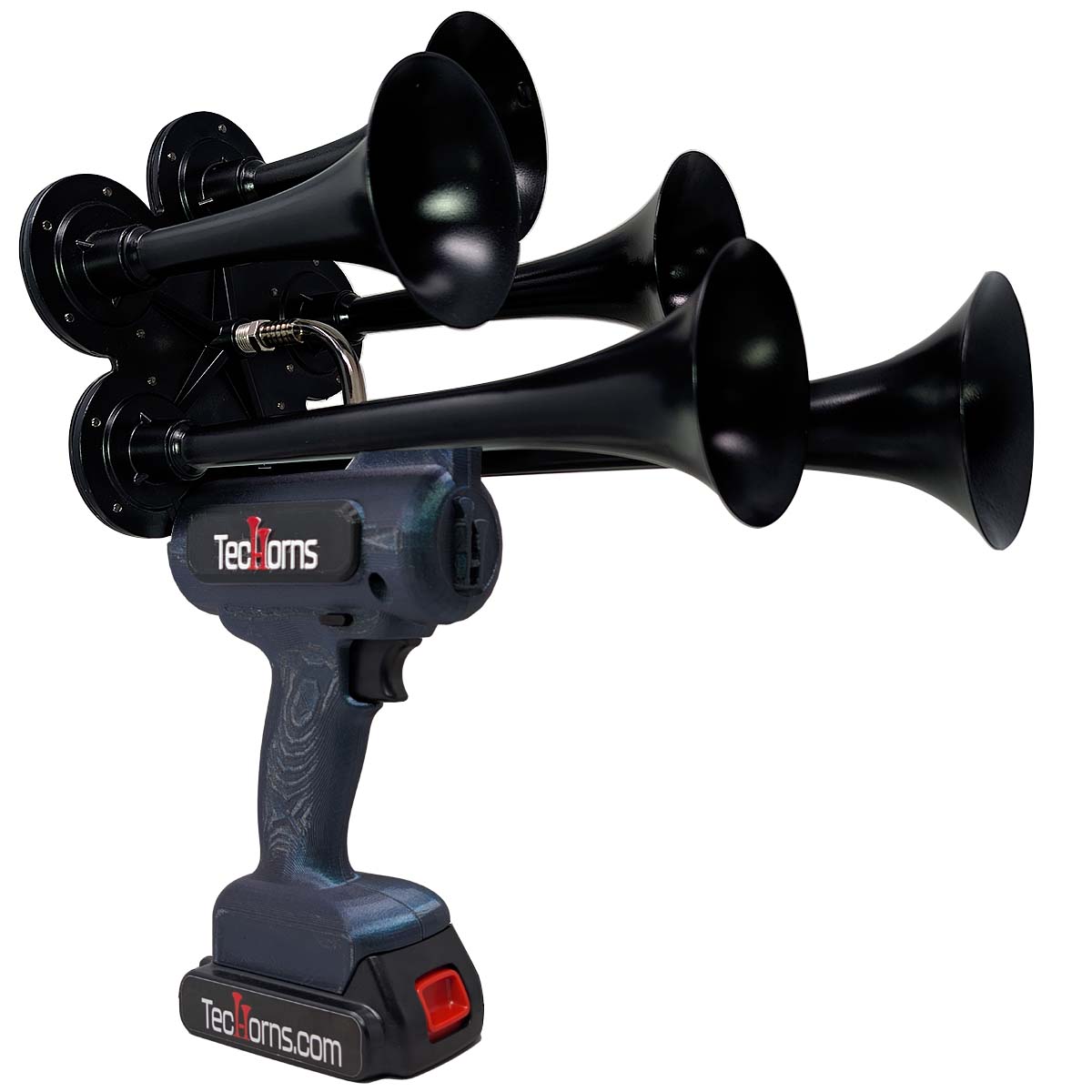TecHorns Burnt Titanium 5-Horn – 130 dB handheld train horn with 20 V lithium battery and charger, featuring black trumpets and a titanium-inspired heat-fade body finish