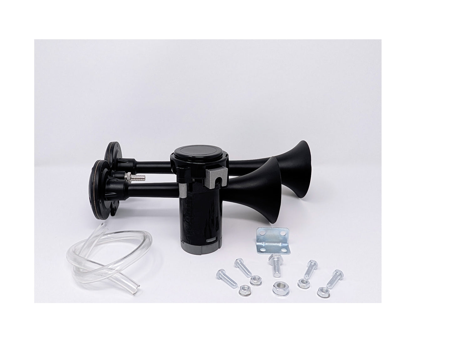 TecHorns DIY 2-Horn Kit – compact handheld train horn assembly with dual black trumpets, air compressor, clear tubing, and mounting hardware for easy DIY installation and custom builds