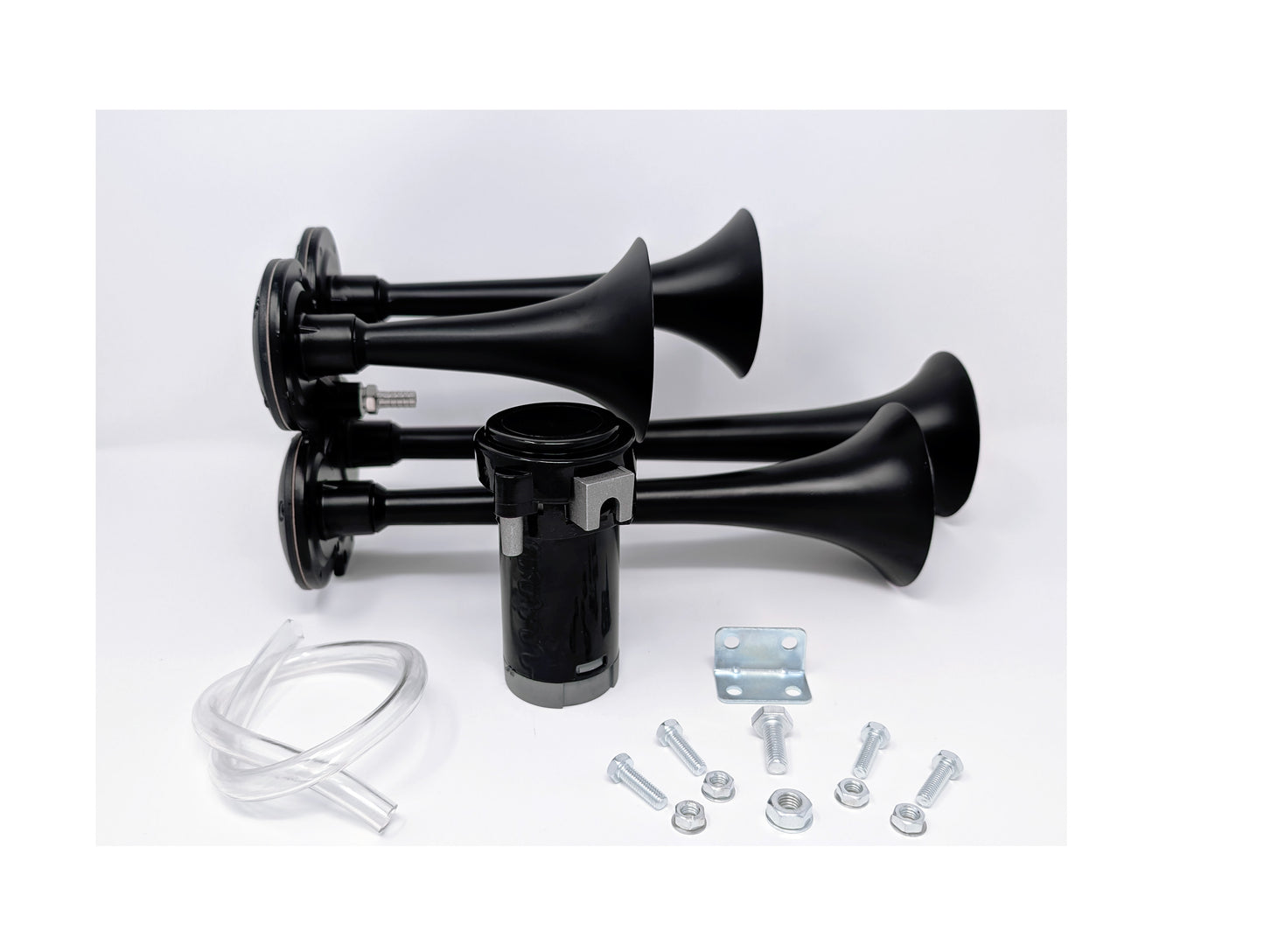 TecHorns DIY 4-Horn Kit – handheld train horn assembly with black four-horn array, air compressor, clear tubing, and mounting hardware for custom builds and DIY installation