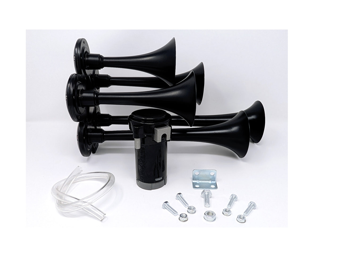 TecHorns DIY 5-Horn Kit – complete handheld train horn assembly with black five-horn array, air compressor, clear tubing, mounting hardware, and bolts for custom builds