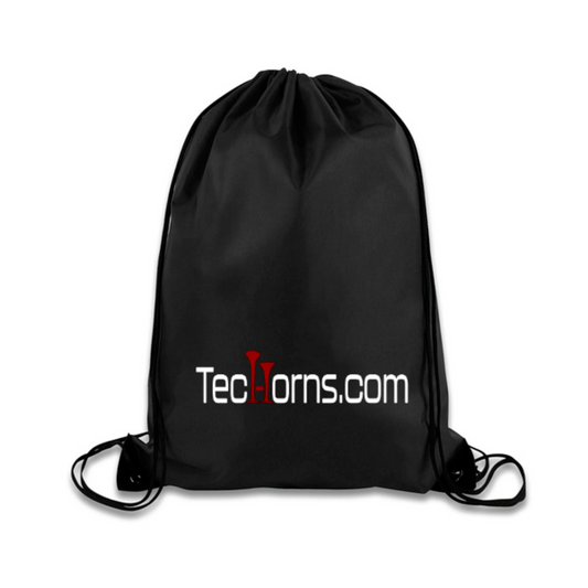 TecHorns Drawstring Bag – black cinch bag with TecHorns.com logo, lightweight and durable for carrying handheld train horn accessories or gear