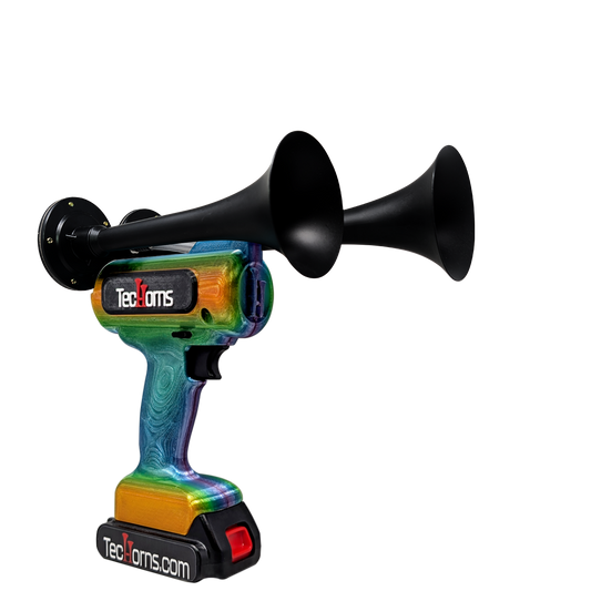 TecHorns Mango Bay Candy 2-Horn – compact handheld train horn with 20 V lithium battery and charger, featuring a candy finish blending mango orange, aqua blue, and golden tones with 130 dB output