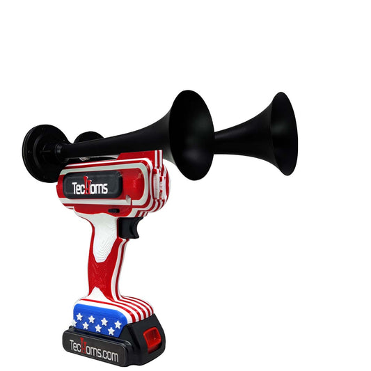 TecHorns ‘Merica 2-Horn – compact 130 dB handheld train horn with 20 V lithium battery and charger, featuring red, white, and blue horns in a patriotic design