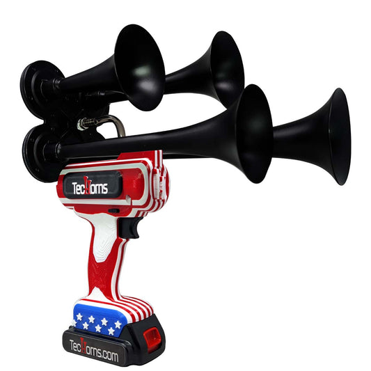 TecHorns ‘Merica 4-Horn – 130 dB handheld train horn with 20 V lithium battery and charger, featuring red, white, and blue horns in a bold patriotic design
