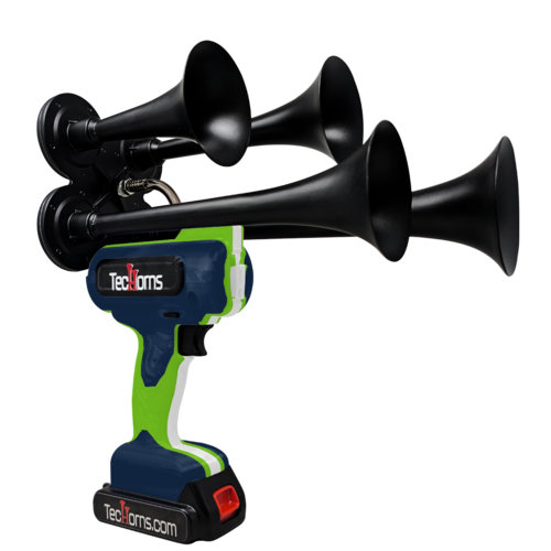 TecHorns Navy Blue, Green, and White 4-Horn – triple color handheld train horn, 130 dB deep-tone with 20 V lithium battery powered system