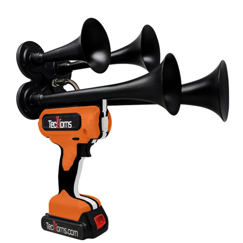 TecHorns Orange, White, and Black 4-Horn – triple color handheld train horn, 130 dB loud with 20 V lithium battery and charger included
