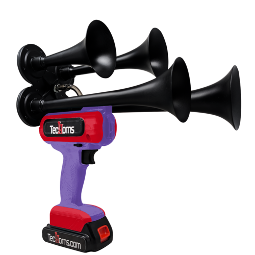TecHorns Purple and Red 4-Horn – bold dual color handheld train horn, 130 dB with 20V lithium battery and charger included