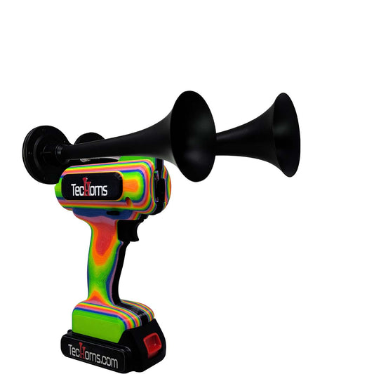 TecHorns RAINBOW 2-Horn – compact 130 dB handheld train horn with 20 V lithium battery and charger, featuring black trumpets and a custom rainbow-fade body design