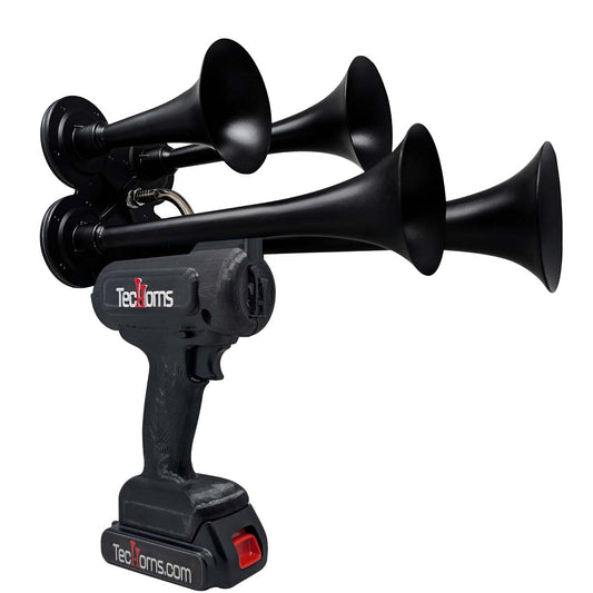TecHorns Satin Black 4-Horn – 130 dB compact handheld train horn with 20V lithium battery and charger included
