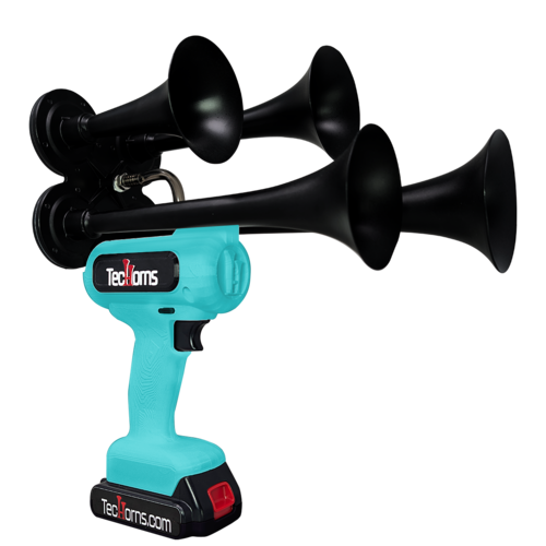 TecHorns Teal 4-Horn – single color compact handheld train horn, 130 dB loud with 20V lithium battery and charger included