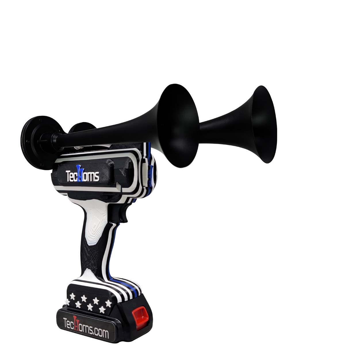 Thin BLUE Line TecHorns 2-Horn – compact handheld train horn with 20 V lithium battery and charger, finished in black and white with the Thin BLUE Line and stars honoring law enforcement