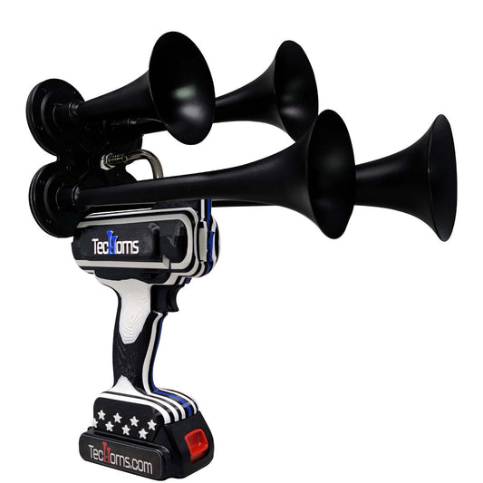 Thin BLUE Line TecHorns 4-Horn – 130 dB handheld train horn with 20 V lithium battery and charger, finished in black and white with the Thin BLUE Line and stars representing law enforcement honor and unity
