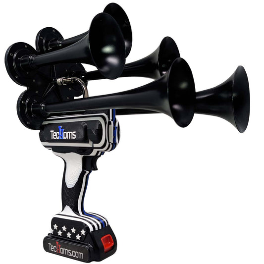 Thin BLUE Line TecHorns 5-Horn – 130 dB handheld train horn with 20 V lithium battery and charger, finished in black and white with the Thin BLUE Line and stars honoring law enforcement