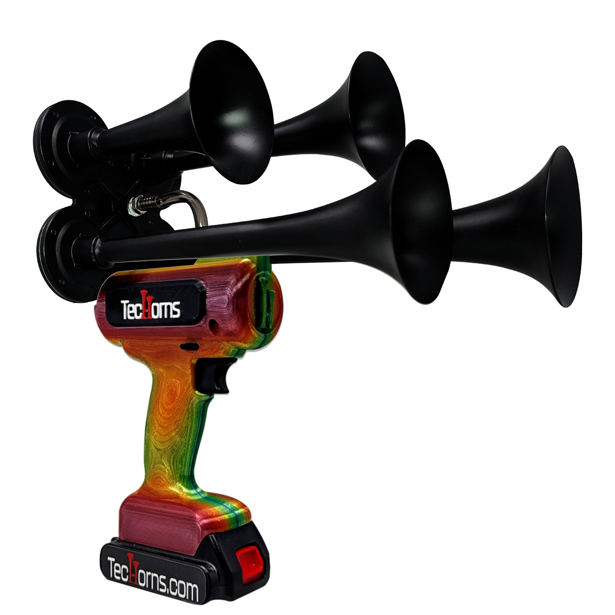 TecHorns Tropical Blaze Candy 4-Horn – 130 dB handheld train horn with 20 V lithium battery and charger, featuring a candy finish blending deep raspberry, burnt orange, and vibrant green hues