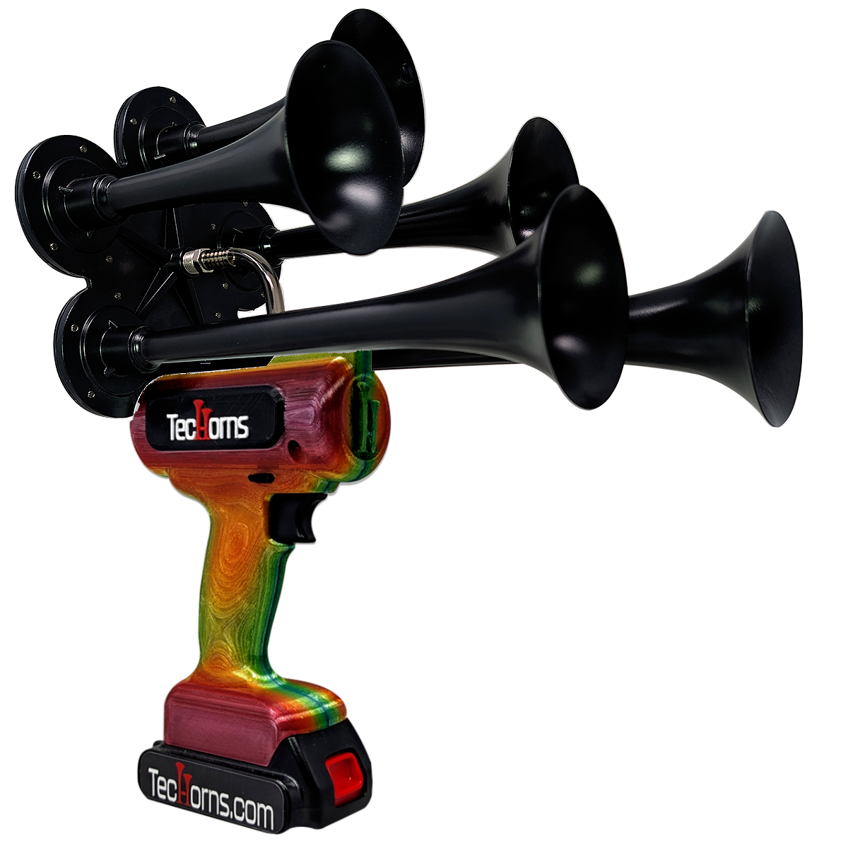 TecHorns Tropical Blaze Candy 5-Horn – 130 dB handheld train horn with 20 V lithium battery and charger, featuring a candy finish blending deep raspberry, burnt orange, and electric green tones