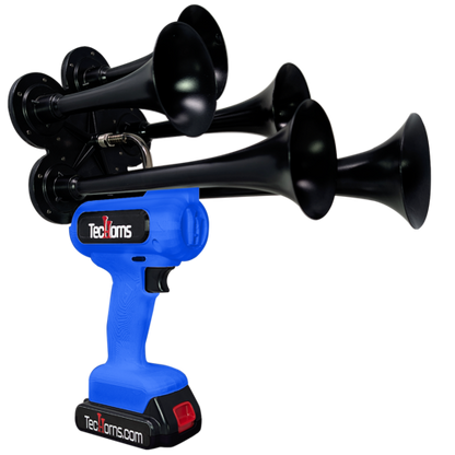 TecHorns Blue 5-Horn – bold single color handheld train horn, 20V lithium battery and charger included