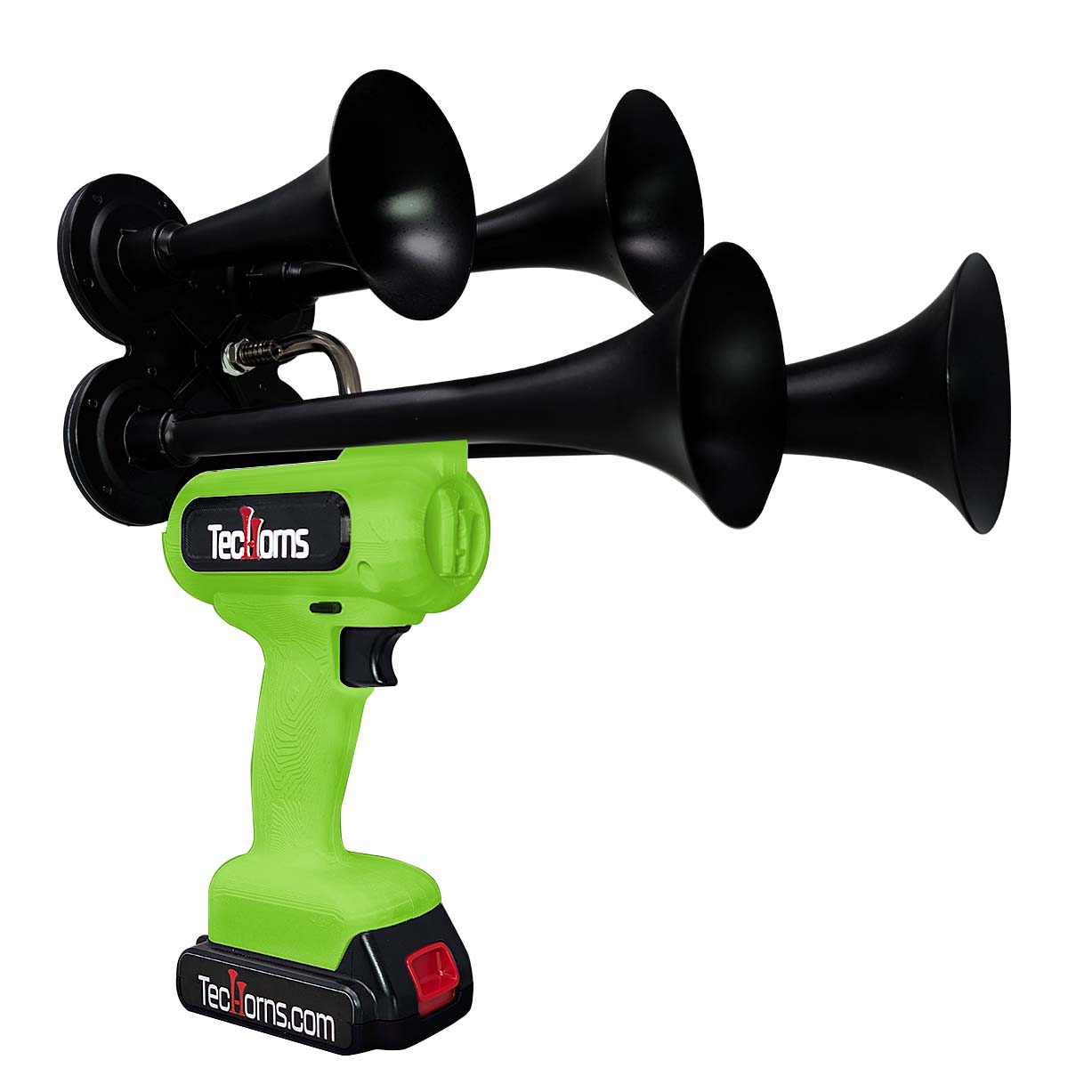 TecHorns Green 4-Horn – single color compact handheld train horn, 130 dB loud with 20V lithium battery and charger included