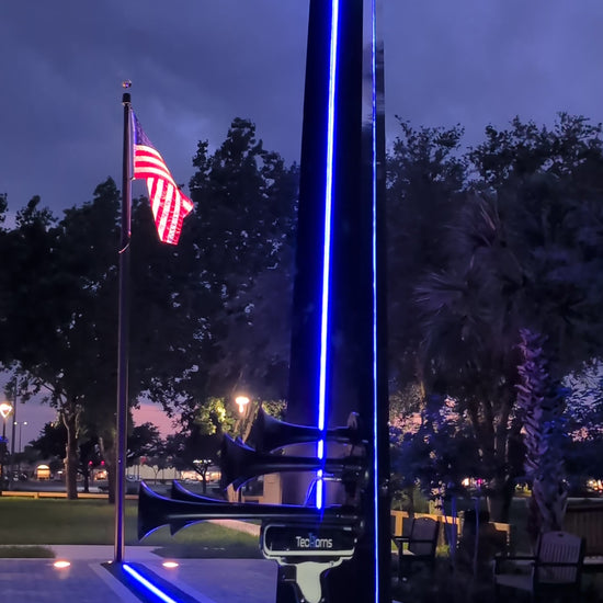 Thin BLUE Line TecHorns 5-Horn – tribute video showing the memorial and American flag waving in the background to honor fallen officers and celebrate law enforcement pride