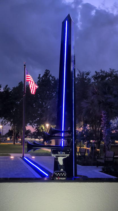 Thin BLUE Line TecHorns 5-Horn – tribute video showing the memorial and American flag waving in the background to honor fallen officers and celebrate law enforcement pride