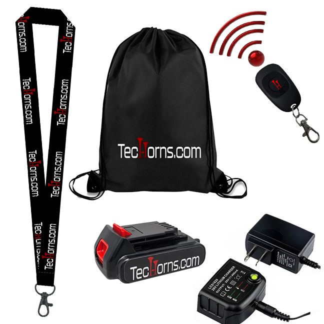 TecHorn accessories set including 20 V lithium battery, charger, wireless remote, lanyard, and drawstring bag — essential add-ons for TecHorn handheld train horns