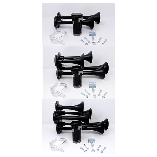 All TecHorn DIY train horn kits displayed together, featuring 2-horn, 4-horn, and 5-horn options with compressors, tubing, and mounting hardware — designed for custom builds and easy assembly