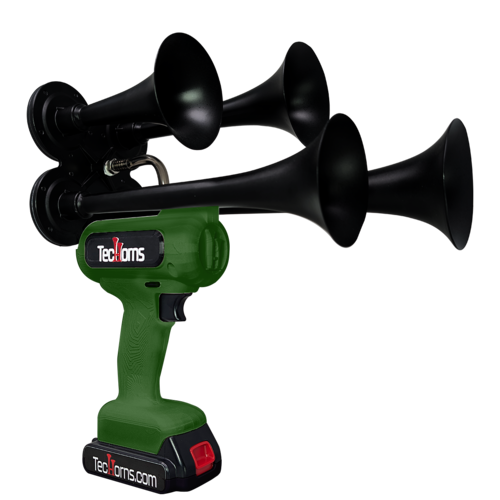 TecHorns Army Green 4-Horn – rugged single color handheld train horn with 20V lithium battery and charger