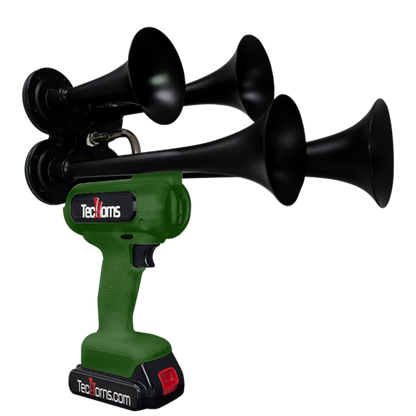 TecHorns Army Green 4-Horn – rugged single color handheld train horn with 20V lithium battery and charger