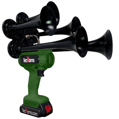 TecHorns Army Green 5-Horn – rugged single color handheld train horn with 20V lithium battery and charger included