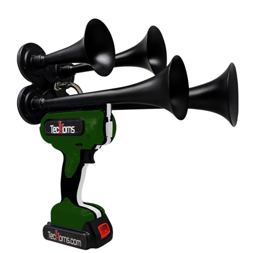 TecHorns Army Green, Black, and White 4-Horn – triple color handheld train horn, 130 dB rugged tone with 20 V lithium battery