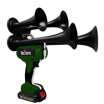 TecHorns Army Green, Black, and White 4-Horn – triple color handheld train horn, 130 dB rugged tone with 20 V lithium battery