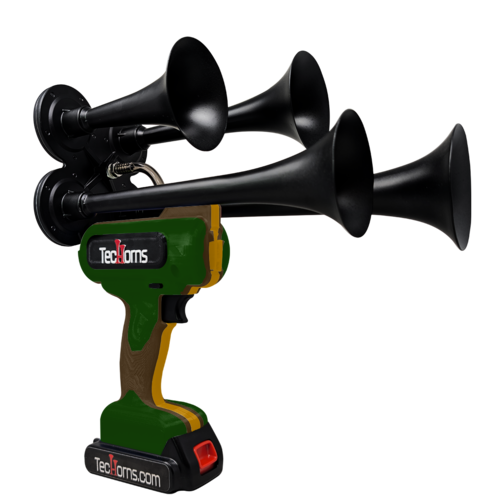TecHorns Army Green, Brown, and Gold 4-Horn – triple color handheld train horn, rugged 130 dB tone with 20 V lithium battery