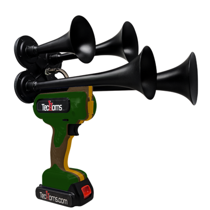 TecHorns Army Green, Brown, and Gold 4-Horn – triple color handheld train horn, rugged 130 dB tone with 20 V lithium battery