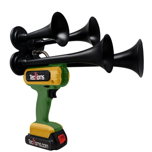 TecHorns Army Green and Gold 4-Horn – rugged dual color handheld train horn, 130 dB loud, 20V lithium battery