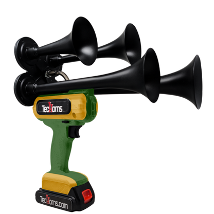 TecHorns Army Green and Gold 4-Horn – rugged dual color handheld train horn, 130 dB loud, 20V lithium battery