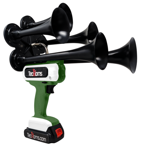 TecHorns Army Green and White 5-Horn – rugged dual color handheld train horn, 130 dB with 20 V lithium battery and charger included