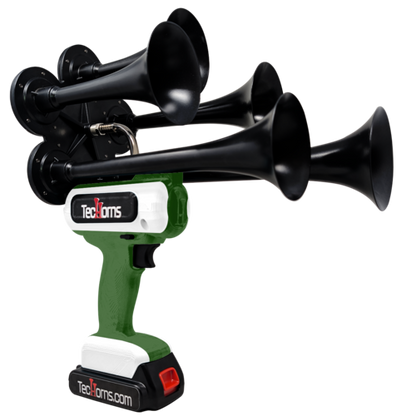 TecHorns Army Green and White 5-Horn – rugged dual color handheld train horn, 130 dB with 20 V lithium battery and charger included