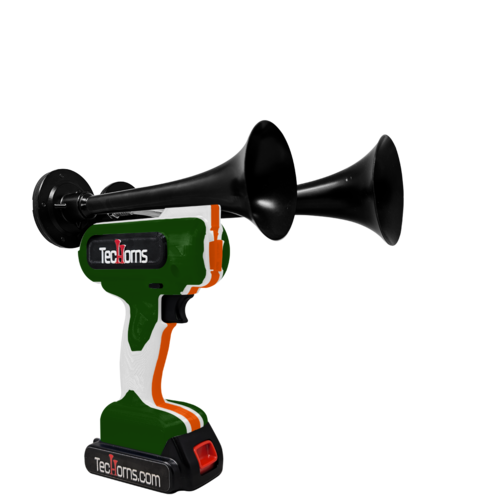 TecHorns Army Green, White, and Orange 2-Horn – triple color handheld train horn, 130 dB rugged design with 20 V lithium battery