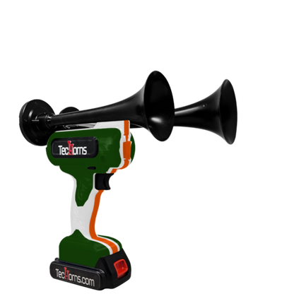 TecHorns Army Green, White, and Orange 2-Horn – triple color handheld train horn, 130 dB rugged design with 20 V lithium battery